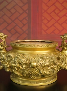 纯黄铜九龙香炉二龙戏珠摆件