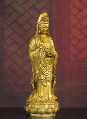 纯黄铜南海观音站像佛堂供奉摆件