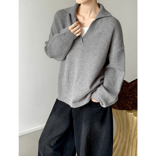 Autumn and winter new Korean lapel top V-neck skin-friendly, breathable, loose, stylish, covering the flesh and making you slim 7054