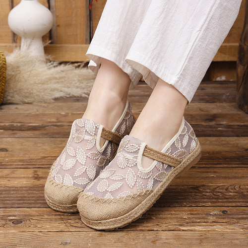 老北京布鞋2025夏新款亚麻编织复古拖鞋女鞋帆布鞋网纱透气凉拖鞋 - 图0