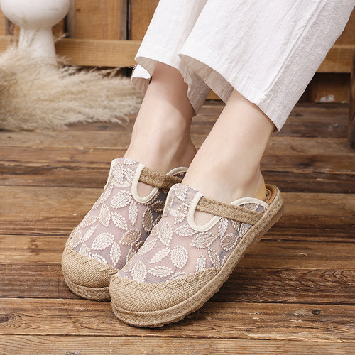 老北京布鞋2025夏新款亚麻编织复古拖鞋女鞋帆布鞋网纱透气凉拖鞋 - 图1