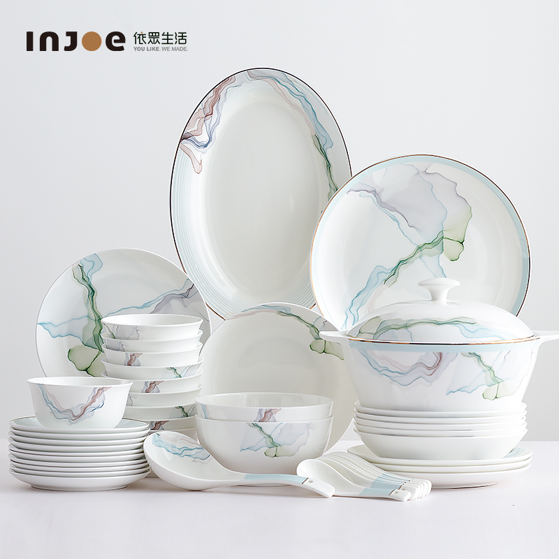 碗碟套装家用2021新款北欧式碗筷中式金边骨瓷餐具套装碗盘子组合
