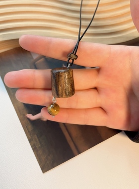 手作沉香木虎眼石皮绳项链中式女