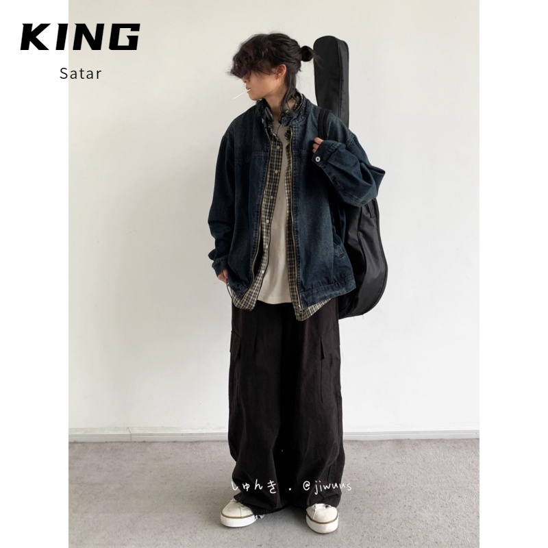 四件套装春秋季日系复古水洗牛仔外套男做旧宽松百搭休闲夹克上衣 - 图0