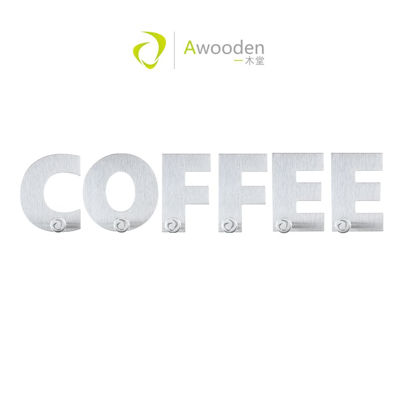 Awooden一木堂 COFFEE咖啡 不锈钢字母挂钩 3M免钉无痕 门后粘钩