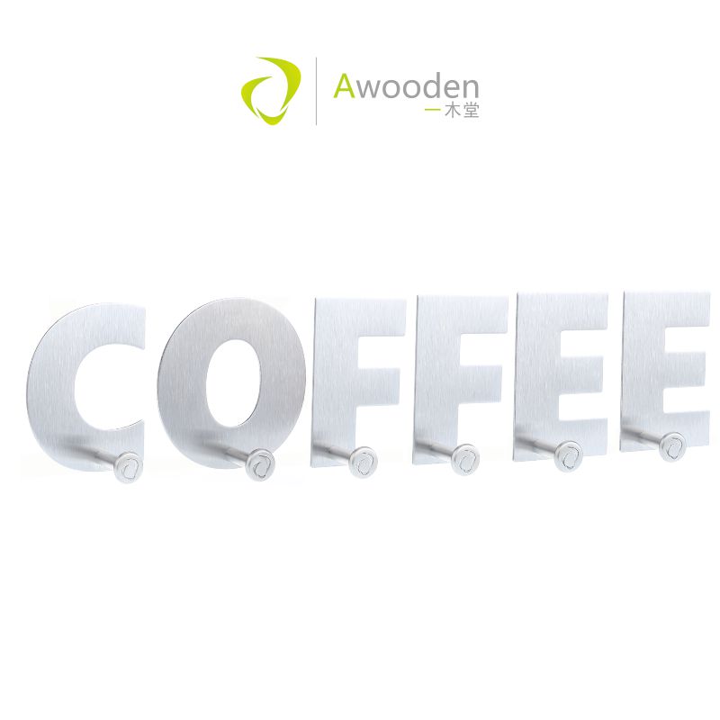 Awooden一木堂 COFFEE咖啡 不锈钢字母挂钩 3M免钉无痕 门后粘钩