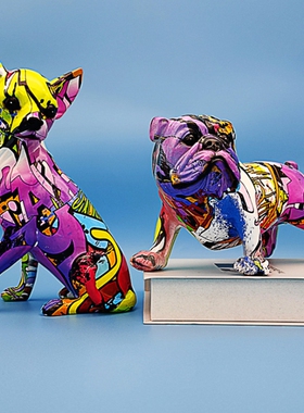 创意炫彩吉娃娃摆件水转印树脂现代工艺品家居客厅玄关酒柜装饰品