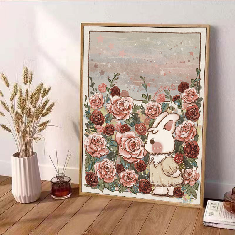 带框卡通玫瑰兔子钻石画满钻2024新款ins风手工diy点钻画十字绣5D,淘宝优惠券,粉丝福利购,淘宝优惠卷