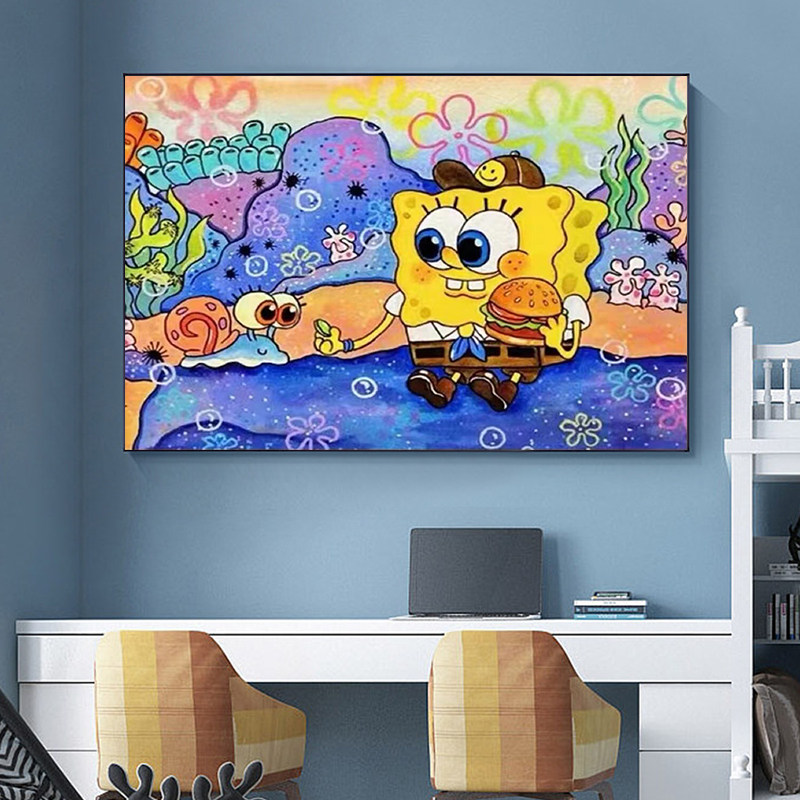带框卡通钻石画2024新款海绵宝宝动漫儿童手工点贴钻5d十字绣卧室,淘宝优惠券,粉丝福利购,淘宝优惠卷