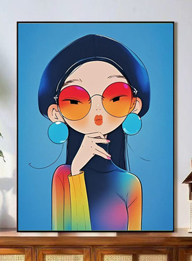 中国风插画美女ins高颜值女孩卡通新款客厅挂画儿童房卧室装饰画