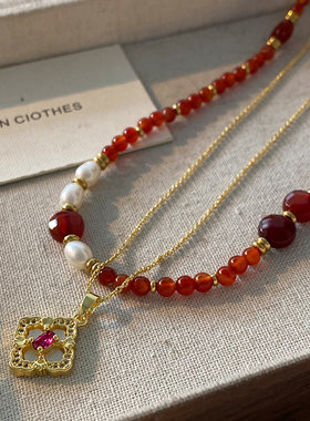 DSTYLE贝母四叶草吊坠红色项链女