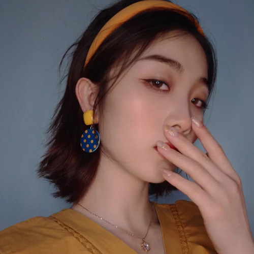 法式港风复古俏皮少女vintage百搭甜美撞色时尚黄色波点耳环耳夹 - 图0