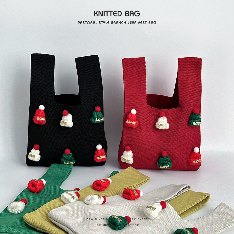 2025圣诞节手提礼品袋针织包包可爱帽子儿童学生手腕包包伴手礼袋 - 图0