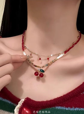 【樱珠甜意】夏日甜美樱桃吊坠项链女小众设计锁骨链choker颈链