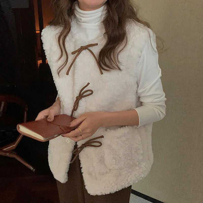 羊羔毛马甲女2025早秋季新款蝴蝶结坎肩外穿宽松气质马夹背心外套,淘宝优惠券,粉丝福利购,淘宝优惠卷