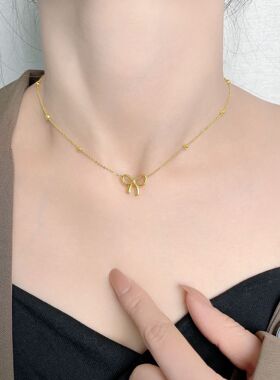 钛钢18k金色蝴蝶结项链女不掉色在逃公主清新气质豆豆锁骨链颈链