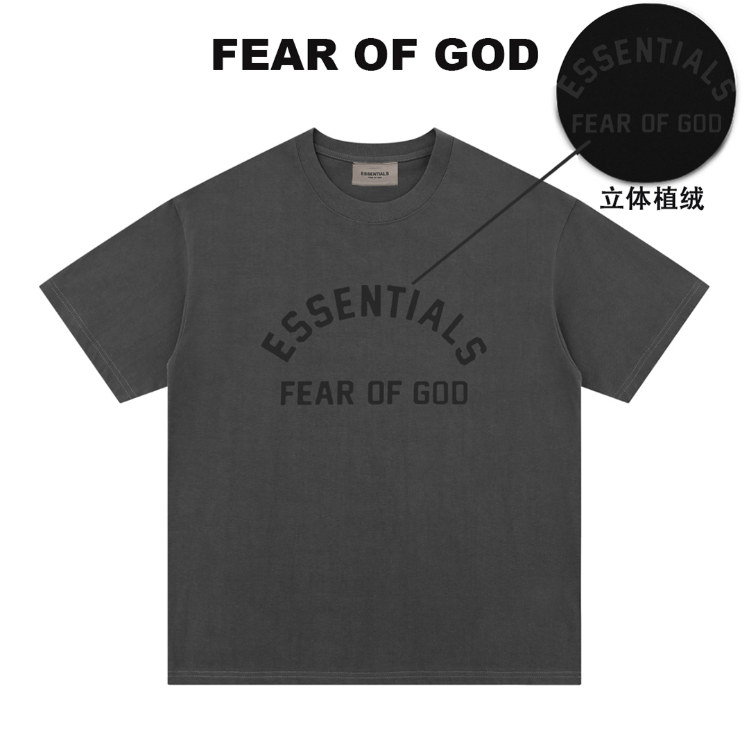 FEAR OF GOD 王嘉尔同款植绒字母短袖ESSENTIALS高街FOG宽松T恤男 - 图1