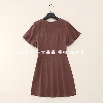 31223 Australian single ~ linen blended high-waisted hollow solid color dress ຄໍ V-sleeved short-sleeved with A hem 0.28