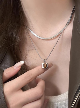 美拉德双层虎眼石项链女高级设计感小众百搭蛇骨链甜酷颈链锁骨链