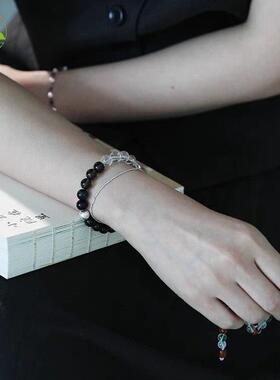 天然蓝色虎眼石手串白水晶招财