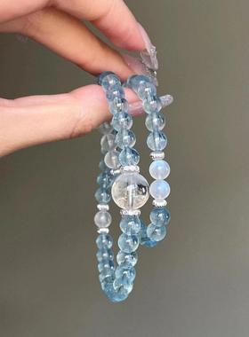 天然海蓝宝手链女双圈月光石手串