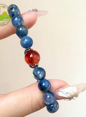 天然蓝晶石手串蓝色水晶红胶花