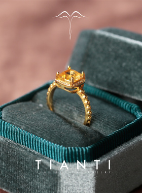 天然巴西黄水晶复古纯银戒指女