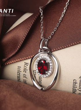 天然宝石吊坠石榴石S925纯银项链