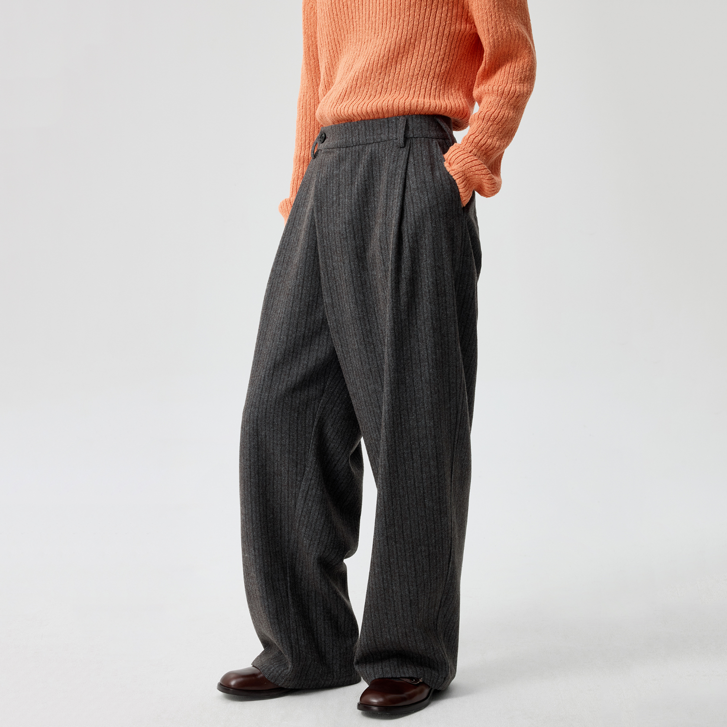 Simple Project*Striped Wool Trousers折叠门襟打褶条纹毛呢长裤 - 图2