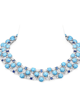 高珠精致晚宴蓝松项链耳钉银镀18k高级珠宝大气时尚时髦精