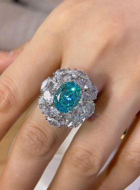 王鸥同款高级6ct帕拉伊巴戒指豪镶大气百搭时尚境外925银