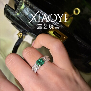 青涩奶绿1ct实验室培育木作祖母绿戒指个性百搭925银镀金