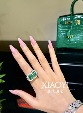 高定拽姐游泳池老钱风戒指孔雀绿豪镶重工925银厚镀金