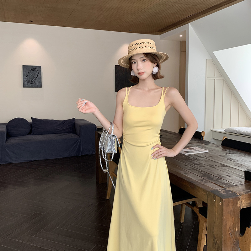 夏季双肩带方领性感长裙式美背连衣裙收腰打褶显瘦遮肉百搭连衣裙 - 图2