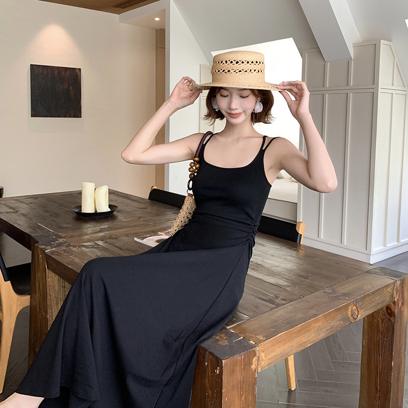 夏季双肩带方领性感长裙式美背连衣裙收腰打褶显瘦遮肉百搭连衣裙 - 图1