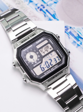 卡西欧Casio 复古多功能不锈钢表带运动电子男表AE-1200WHD-1A