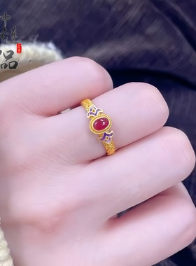 金店同款古法沙金鎏金点钻花丝凤鸢珐琅戒指开口可调节女直播