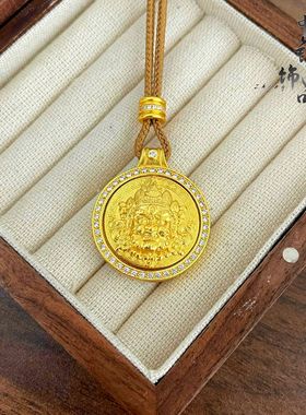 新款高保色古法沙金镶钻转动黄财神吊坠铜镀金黄财神罗盘挂坠