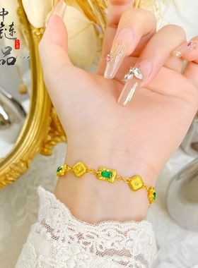 金店同款古法沙金绿宝石方形手链女 宫廷风轻奢小众精致手链批发