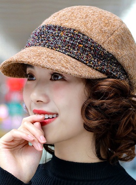 帽子女秋冬韩版假发帽贝雷帽休闲毛呢帽八角帽时尚假发一体妈妈帽