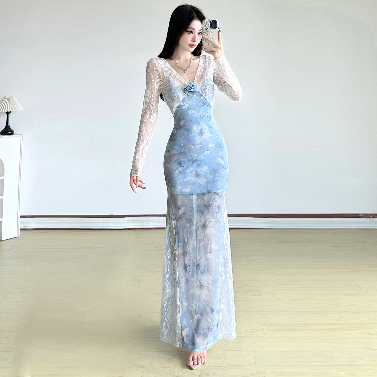 Amyway【星海浪漫】复古碎花晕染吊带裙蕾丝开衫两件套鱼尾裙长裙,淘宝优惠券,粉丝福利购,淘宝优惠卷