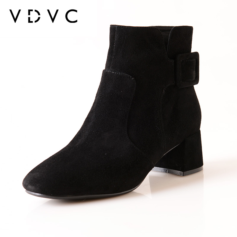 欧洲站短靴VDVC踝靴春秋新款羊皮粗跟方头中跟女靴机车靴马丁靴子 - 图0