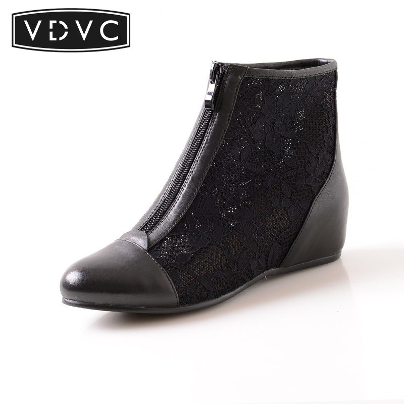 VDVC小众春新款蕾丝中跟坡跟隐形内增高女鞋透气凉鞋网靴凉靴4cm,淘宝优惠券,粉丝福利购,淘宝优惠卷