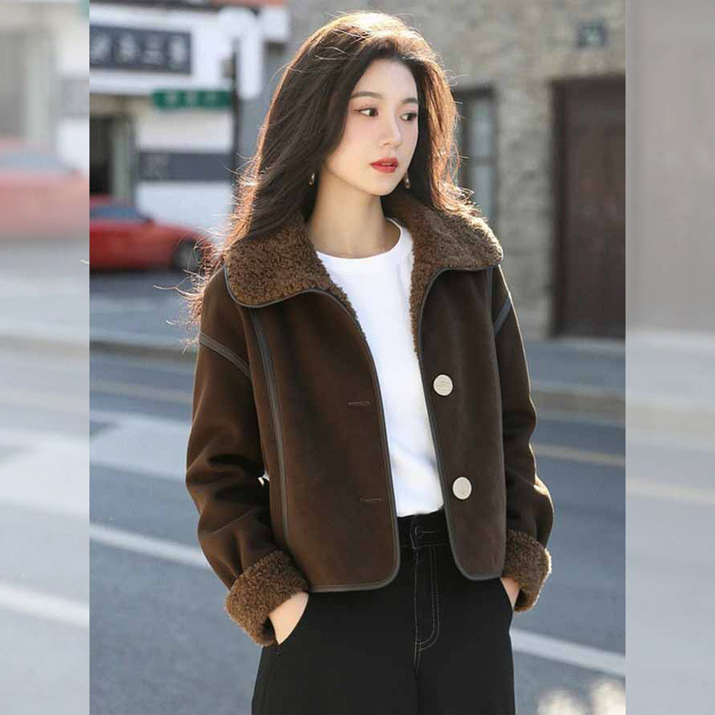 韩系巨好看的冬装咖色翻领小香风短款加绒加厚羊羔绒皮草外套女款,淘宝优惠券,粉丝福利购,淘宝优惠卷