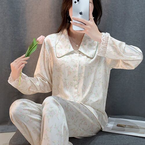 GIOIO【品牌】新款春秋睡衣女冰丝印花开衫长袖甜美休闲家居服 - 图2