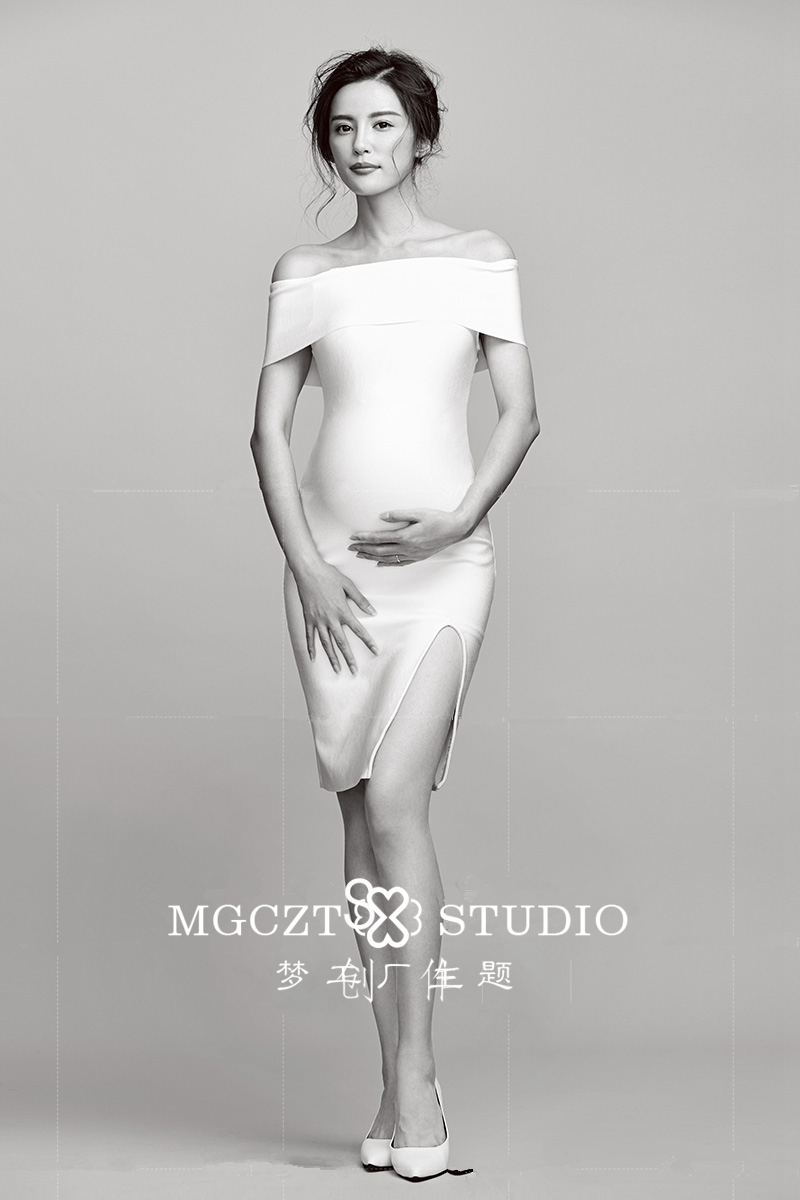 2020新款照片孕妇照服装妈咪艺术影楼写真白色一字肩礼服 - 图1