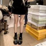 [Sheii su yinyin] xiaojin buckle ~ новая кожаная двойная пряжка эластичные короткие ботинки женские носки ботинки черные узкие ботинки