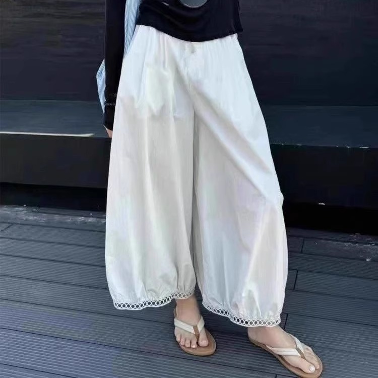 大码2025夏季时尚百搭高腰显瘦镂空蕾丝拼接灯笼裤女休闲阔腿裤子 - 图3