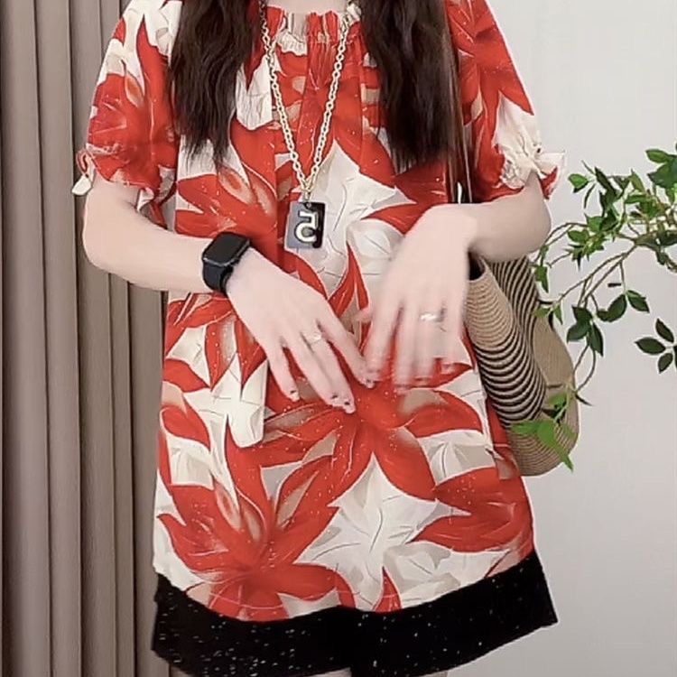 大码胖mm新中式一字领气质荷叶袖碎花衬衫夏季遮肚子显瘦短袖上衣-图3