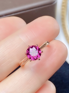 腾利7x7天然镁铝石榴石戒指S925银镶嵌玫红色宝石简单6爪简约时尚